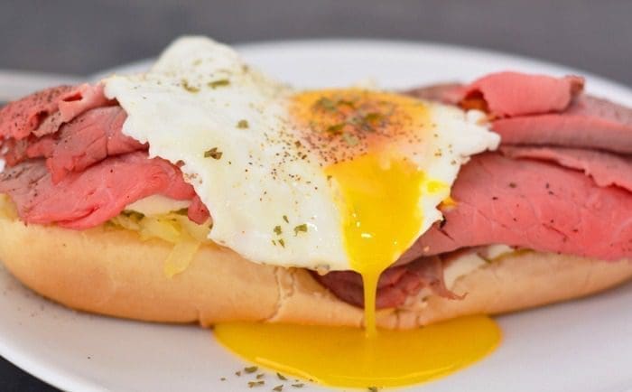 Roast Beef Sandwich with Egg and Hashbrowns
