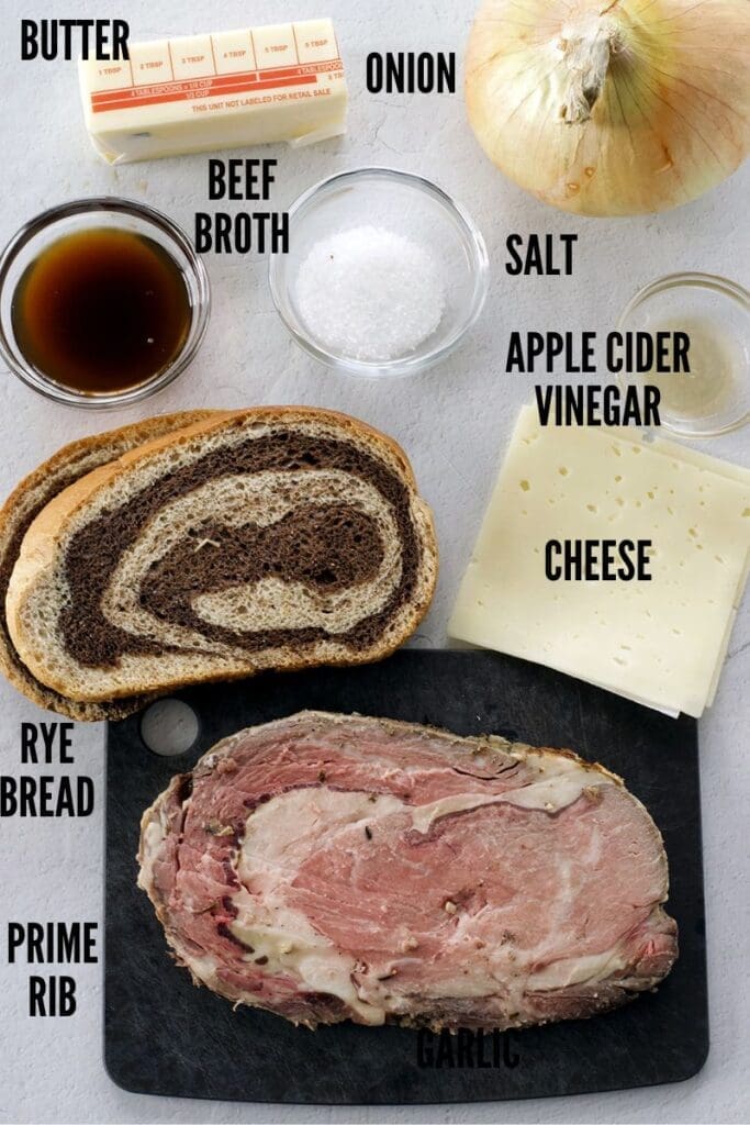 Labeled photo showing the ingredients to make a beef sandwich.
