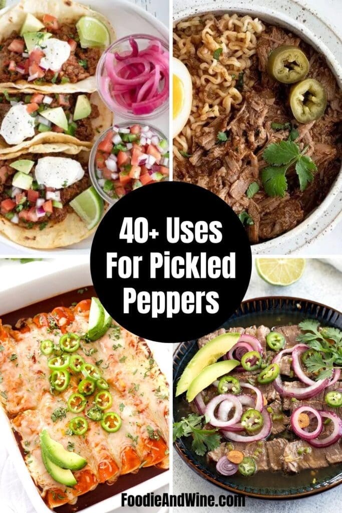 Pinterest graphic for recipes with pickled peppers.
