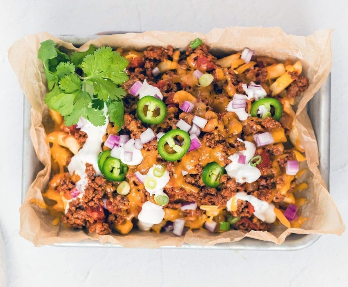 Overhead shot of loaded potato wedges.