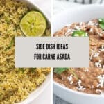 side by side photos of green rice and refried beans for what to serve with carne asada.