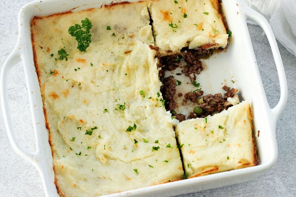 Shepherd's Pie in a white baking dish.