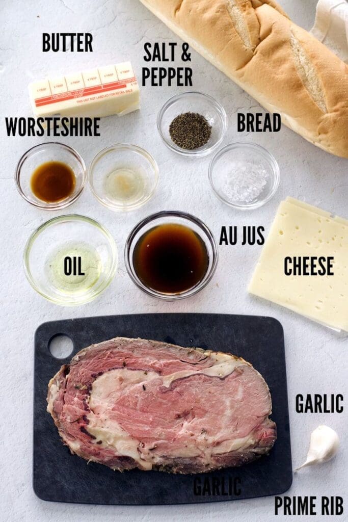 Labeled photo showing the ingredients to make a prime rib French dip sandwich.
