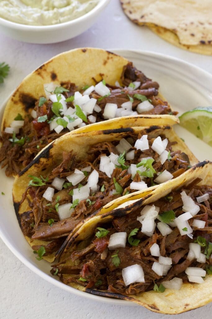 3 easy shredded beef on a white plate.