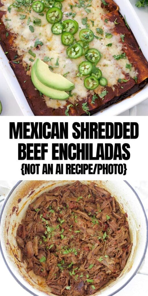 Pinterest graphic for mexican shredded beef enchiladas.