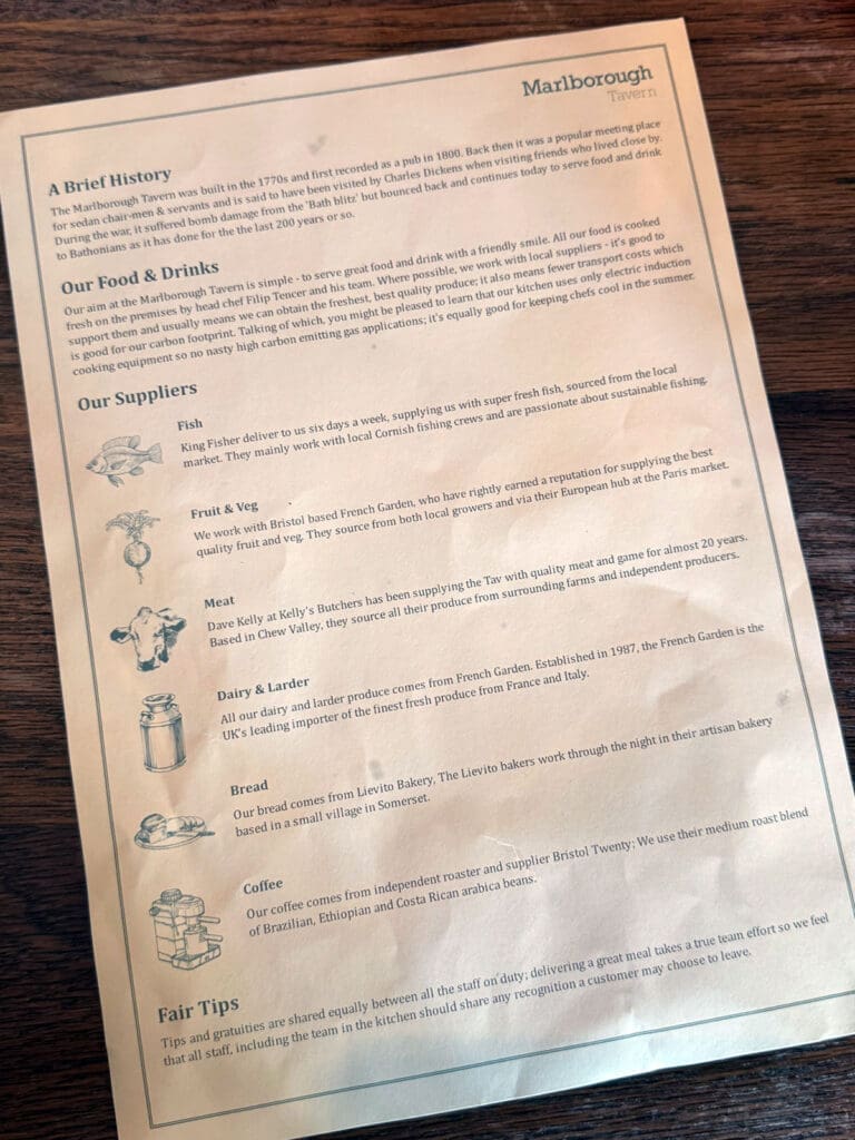 Back of the Marlborough Tavern Menu.
