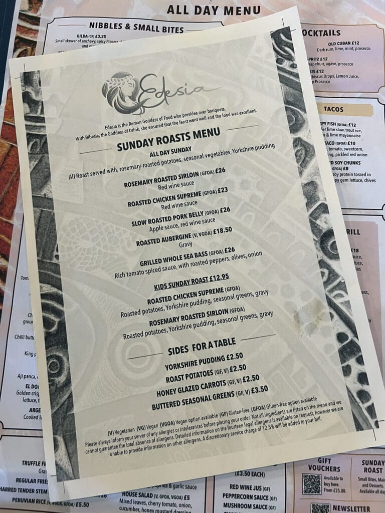Sunday Roast Menu for Edesia in Bath