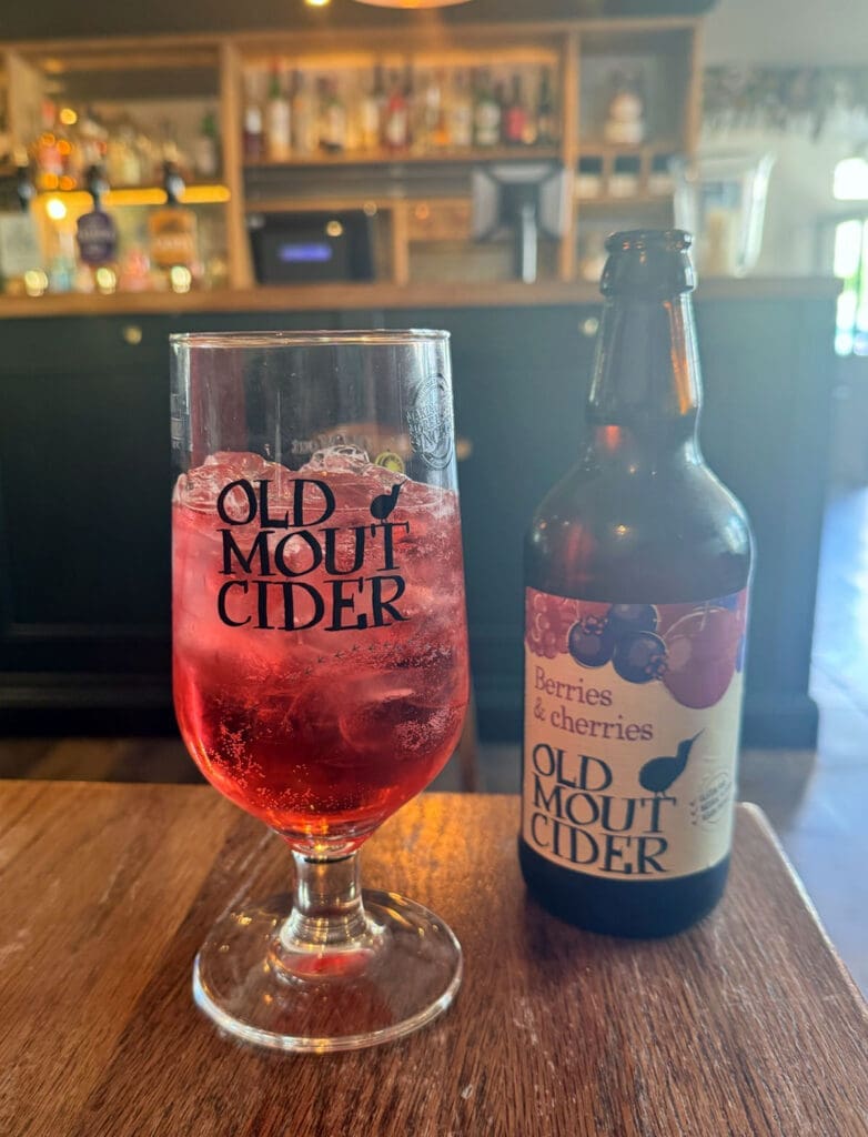 Bottle and Glass full of Old Mout Cider for Traditional English Recipes article.